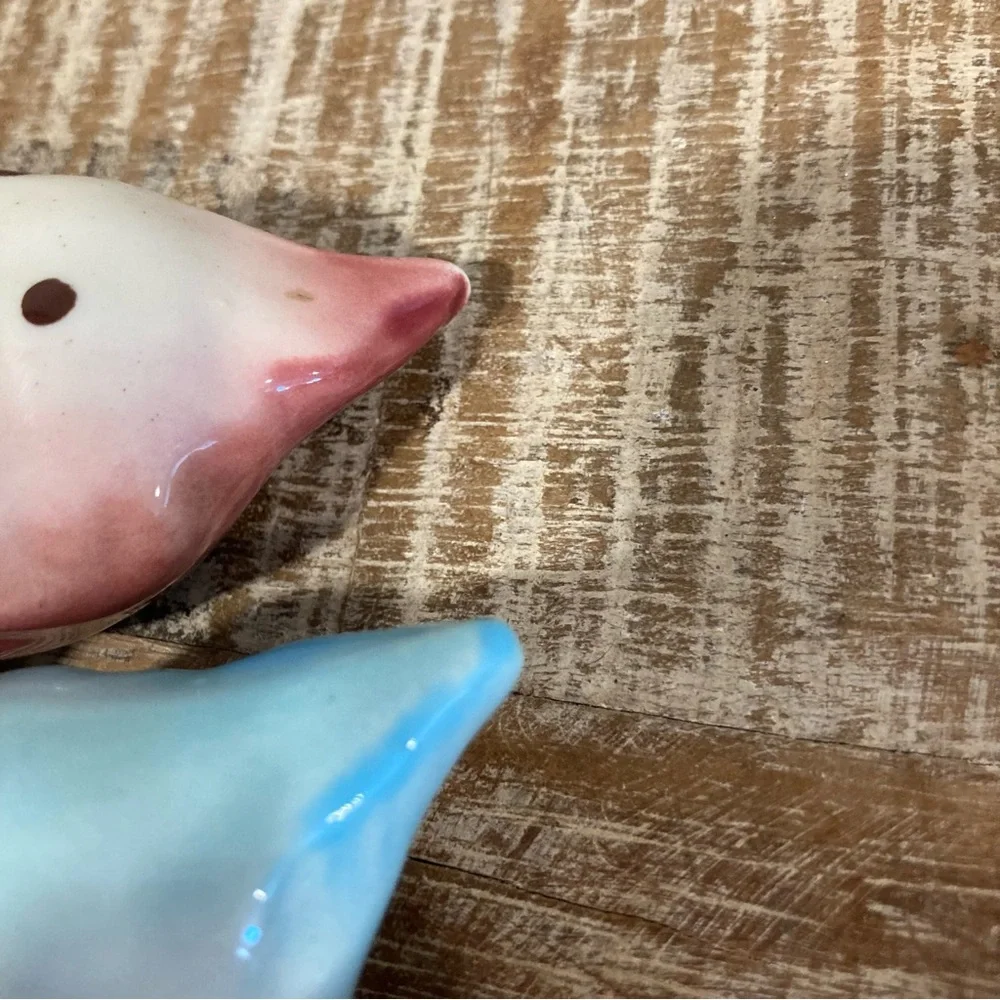 Pair Vintage Parakeet Ceramic Figurines 6” Tall Pinks and Blue